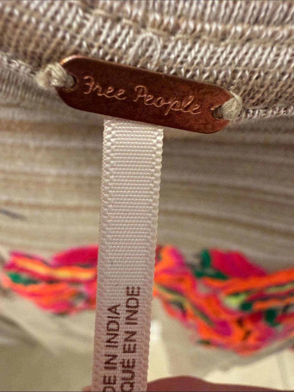 Free People Beige Striped Short Sleeve Top with Pink & Orange Floral Embroidery - Picture 2 of 9
